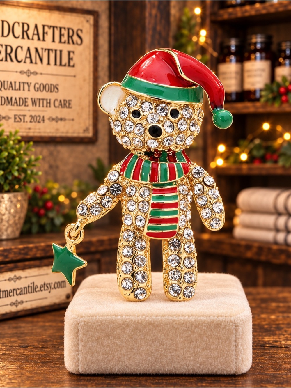 Christmas Teddy Bear Brooch Crystal Rhinestone Gold-Tone Holiday Pin
